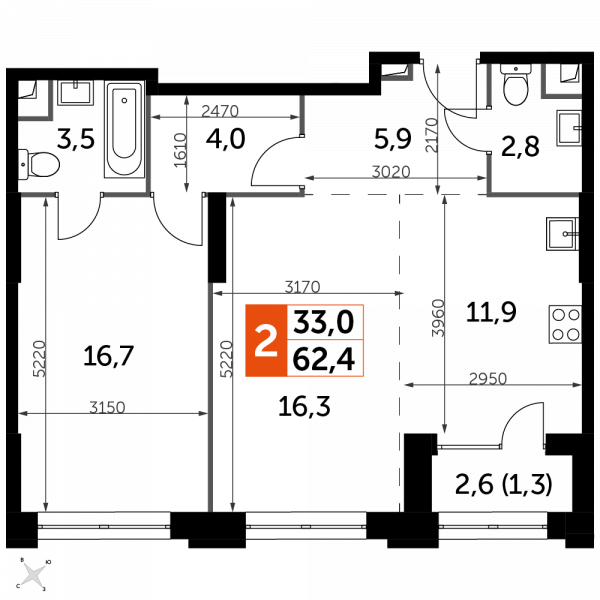 2 комнаты до 62.4