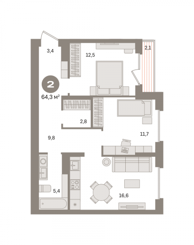 2-комнатная, квартира, 64.26 м²