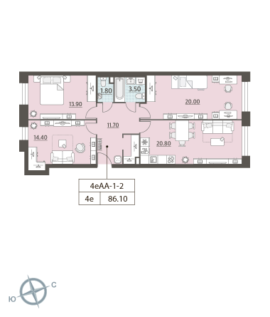 3-комнатная, квартира, 86.1 м²