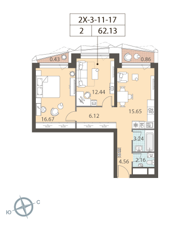 2-комнатная, квартира, 62.13 м²