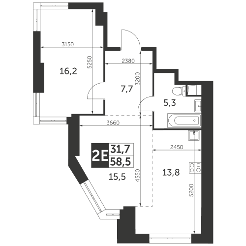 2-комнатная, квартира, 58.5 м²