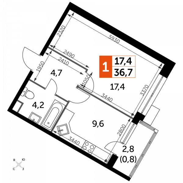 1 комната до 36.7