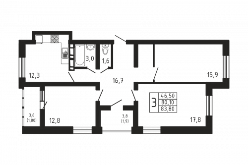 3-комнатная, квартира, 83.8 м²