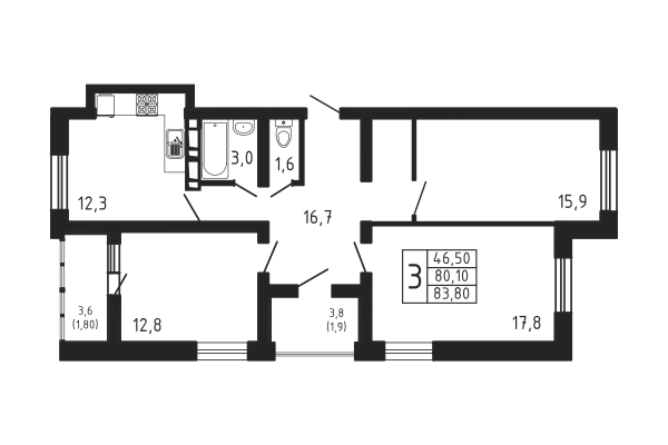 3-комнатная, квартира, 83.8 м²