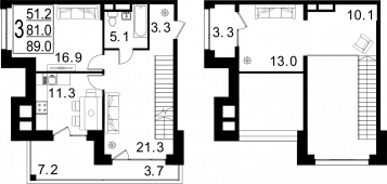 3-комнатная квартира 89 м²