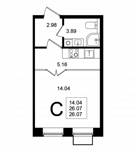 Студия, 26.07 м²