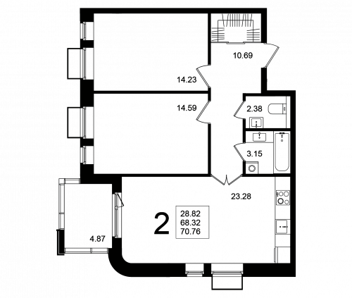 2-комнатная, квартира, 70.76 м²