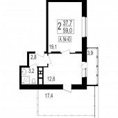 1-комнатная квартира 59 м²