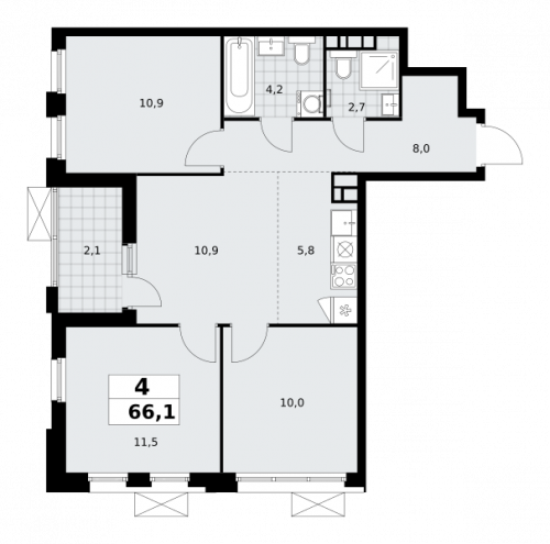 Многокомнатная, 66.1 м²