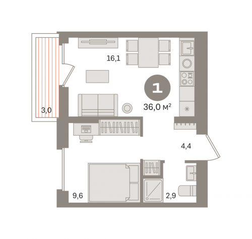 1-комнатная, квартира, 36.02 м²