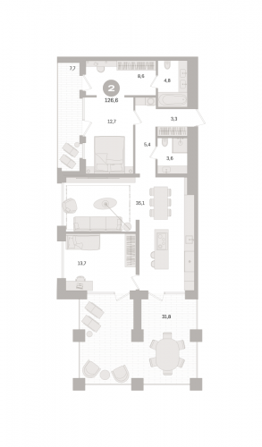 2-комнатная, квартира, 126.6 м²
