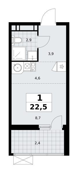 1-комнатная квартира №23К-18.1.2-131, 22,5 м² за 7,64 млн руб. в ЖК «Скандинавия» - планировка