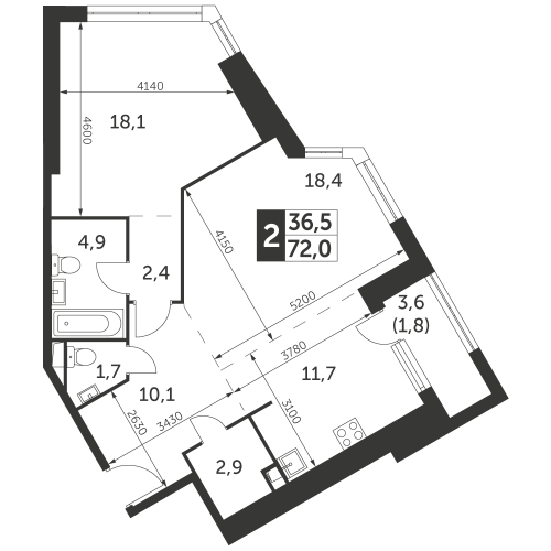 2-комнатная, квартира, 72 м²