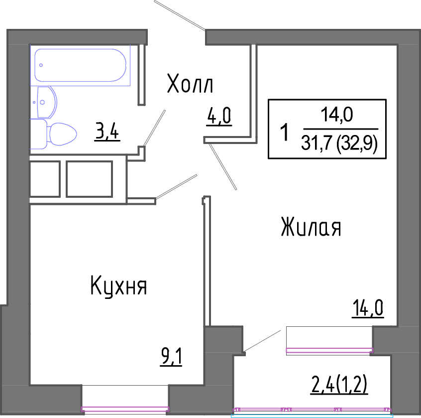 1-комнатная квартира №10178429, 31,7 м² за 6,99 млн руб. в ЖК «Новое Замитино» - планировка