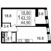 1-комнатная квартира 44,9 м²