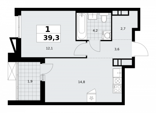 1-комнатная, 39.3 м²