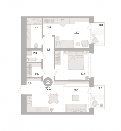 2-комнатная, квартира, 72.1 м²