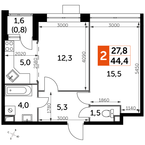 2-комнатная, 44.4 м²