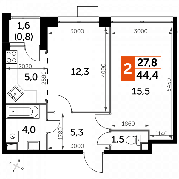 2 комнаты до 44.4