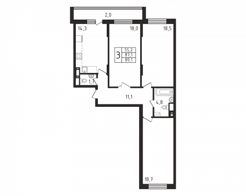3-комнатная, квартира, 89.1 м²