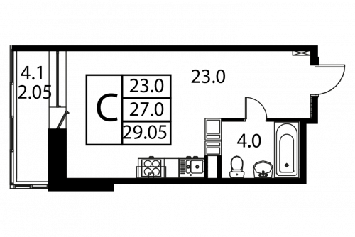 Студия, 29.05 м²