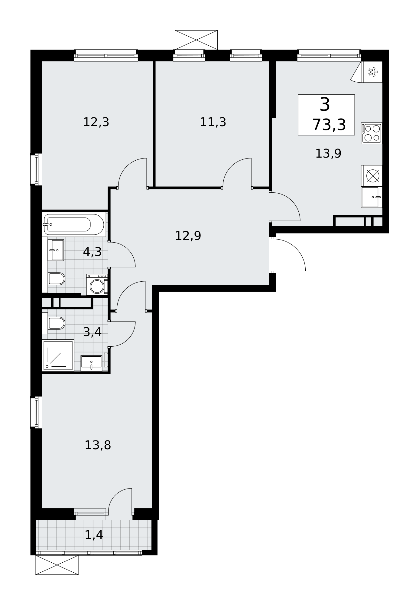 3-комнатная квартира №58К-11.2.3-470, 73,3 м² за 19,19 млн руб. в ЖК «Прокшино» - планировка