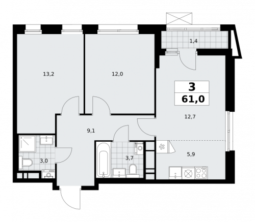 3-комнатная, 61 м²