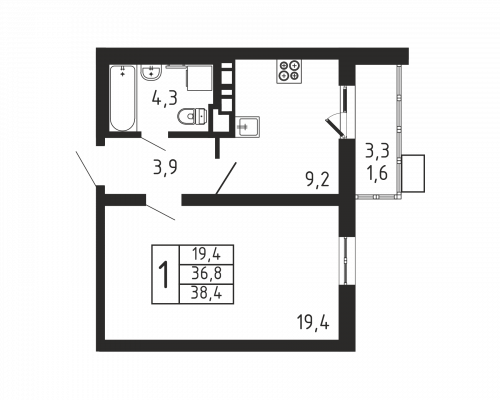1-комнатная, квартира, 38.4 м²