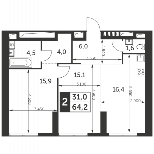 2-комнатная, квартира, 64.2 м²