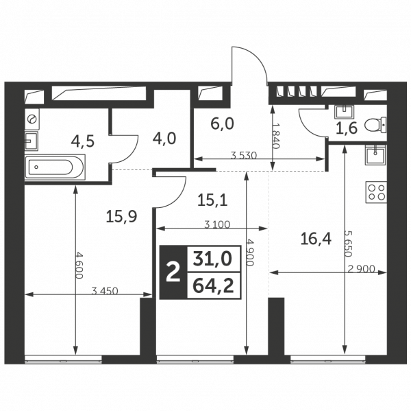 2 комнаты до 64.2