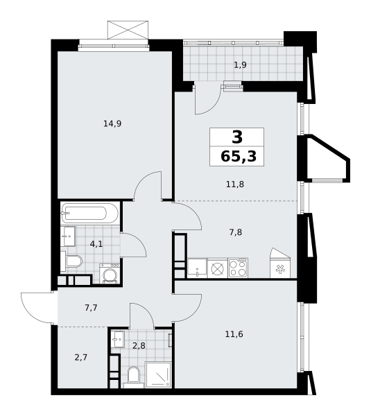 3-комнатная квартира №58К-7.1.1-108, 65,3 м² за 17,61 млн руб. в ЖК «Прокшино» - планировка