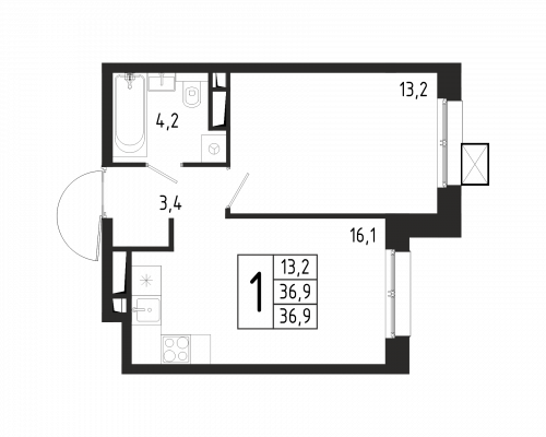 1-комнатная, квартира, 36.9 м²