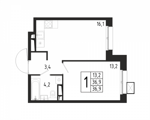 1-комнатная, квартира, 36.9 м²