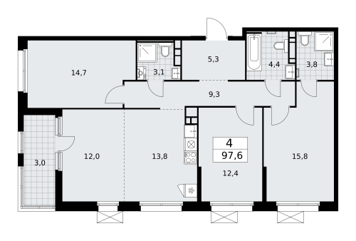Многокомнатная, 97.6 м²