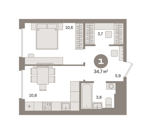 1-комнатная, квартира, 34.73 м²