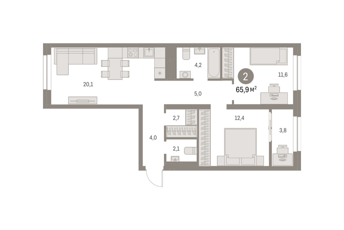 2-комнатная квартира №211, 65,9 м² за 12,11 млн руб. в ЖК «Первый квартал» - планировка