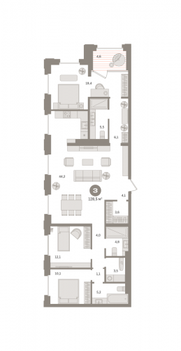3-комнатная, квартира, 128.48 м²