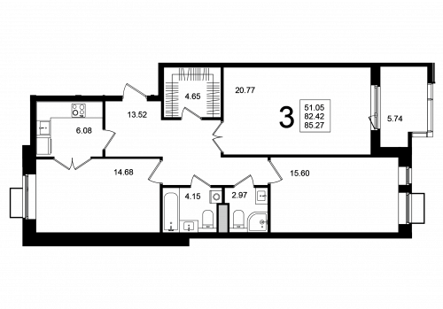 3-комнатная, квартира, 85.27 м²