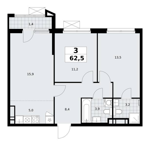 3-комнатная квартира №58К-7.1.1-107, 62,5 м² за 17,00 млн руб. в ЖК «Прокшино» - планировка