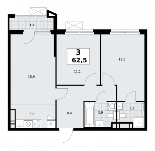 3-комнатная, 62.5 м²