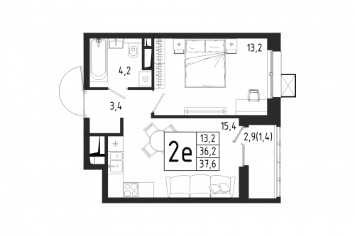 1-комнатная, квартира, 37.6 м²