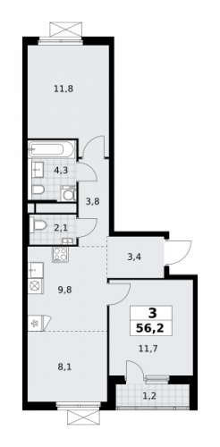 3-комнатная, 56.2 м²