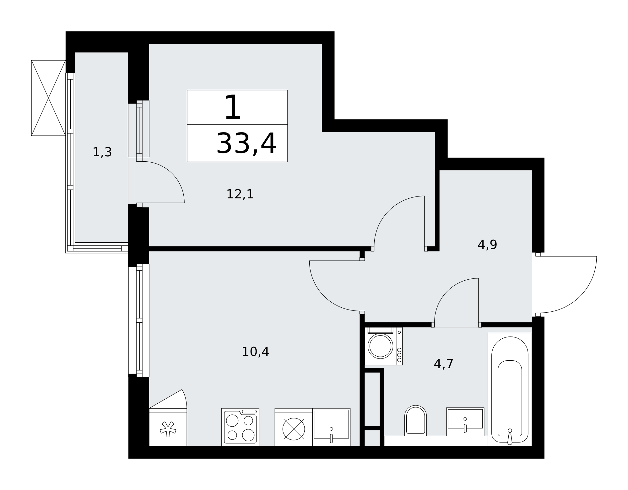 1-комнатная квартира №58К-11.2.1-156, 33,4 м² за 10,49 млн руб. в ЖК «Прокшино» - планировка