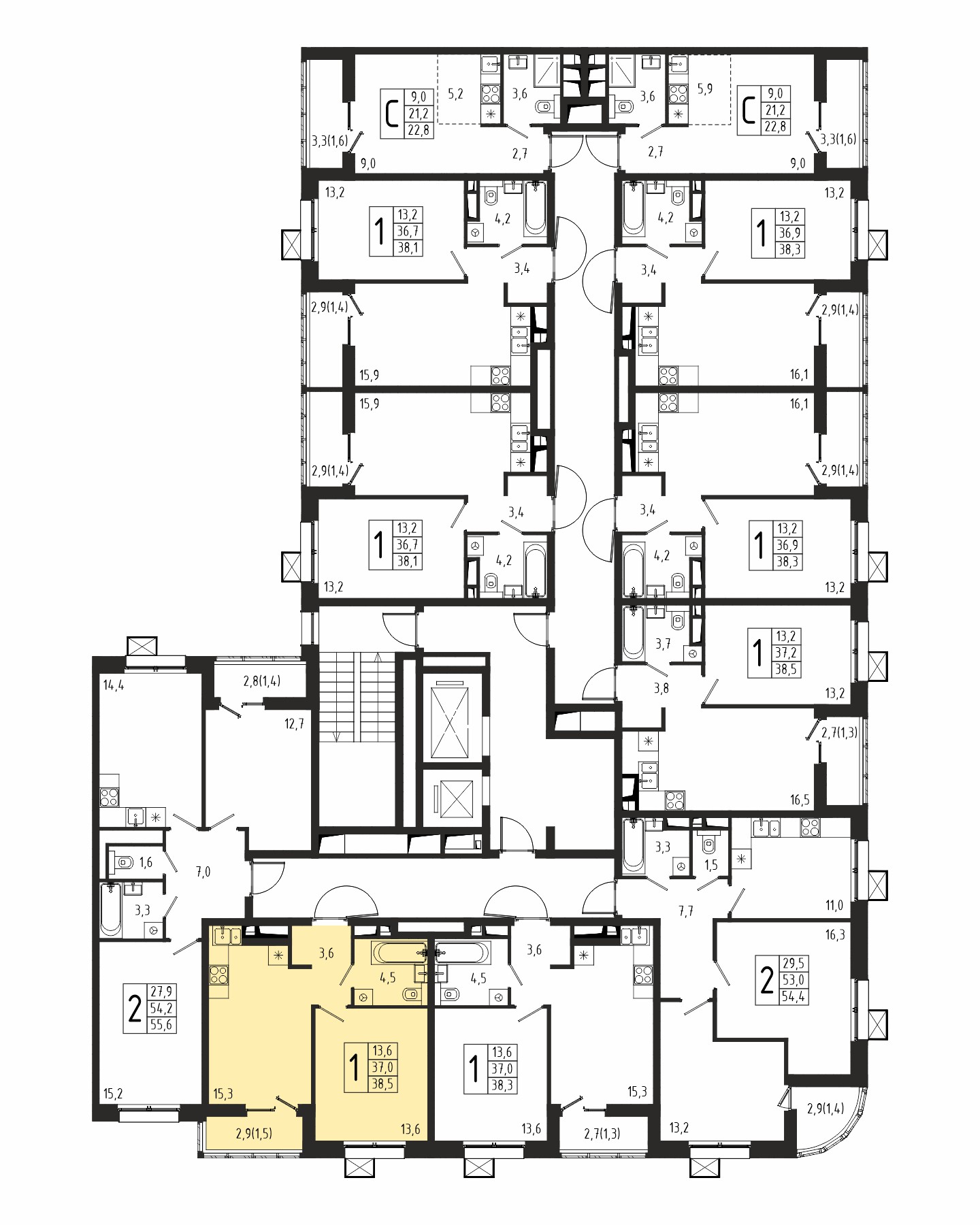 1-комнатная квартира №227, 38,5 м² за 6,33 млн руб. в ЖК «Берег» 2 очередь - планировка