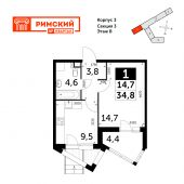 1-комнатная квартира 34,8 м²