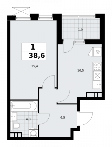 1-комнатная, 38.6 м²