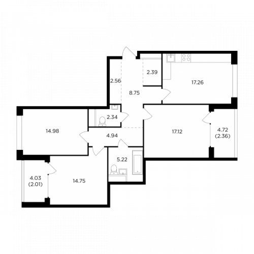 3-комнатная, 94.68 м²