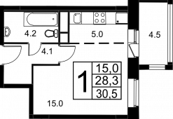 1-комнатная квартира 30,55 м²