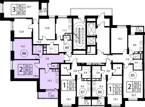 2-комнатная, квартира, 61.85 м²