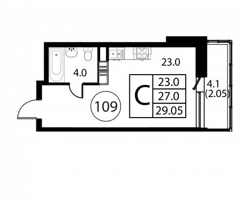 Студия, 29.05 м²